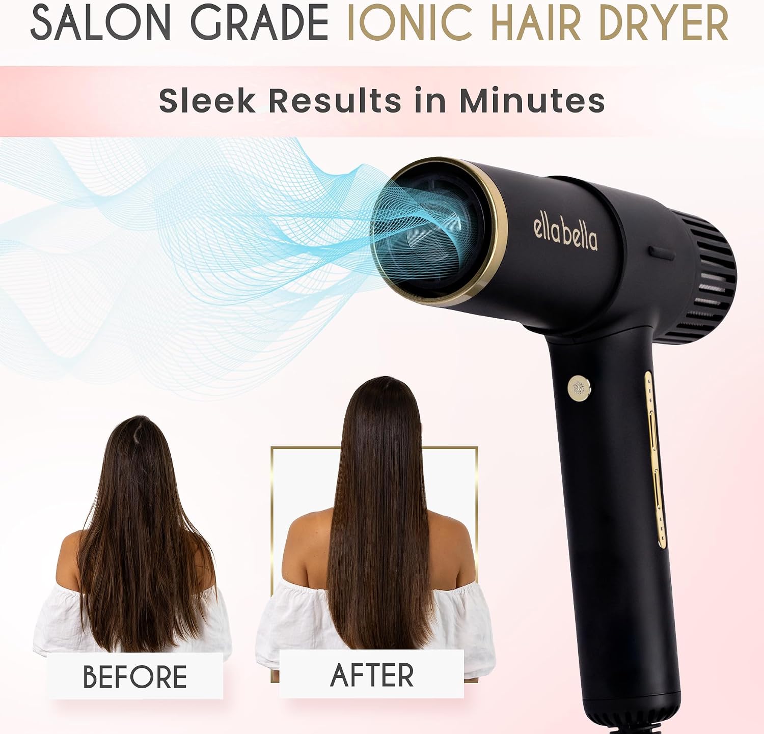 ELLA BELLA® Ionic Salon Hair Dryer with Diffuser • Negative Ion Blow Dryer • for All Hair Types • Intelligent Heat & Speed Control • Lightweight & Low-Noise Design • Rapid Drying & Precision Styling