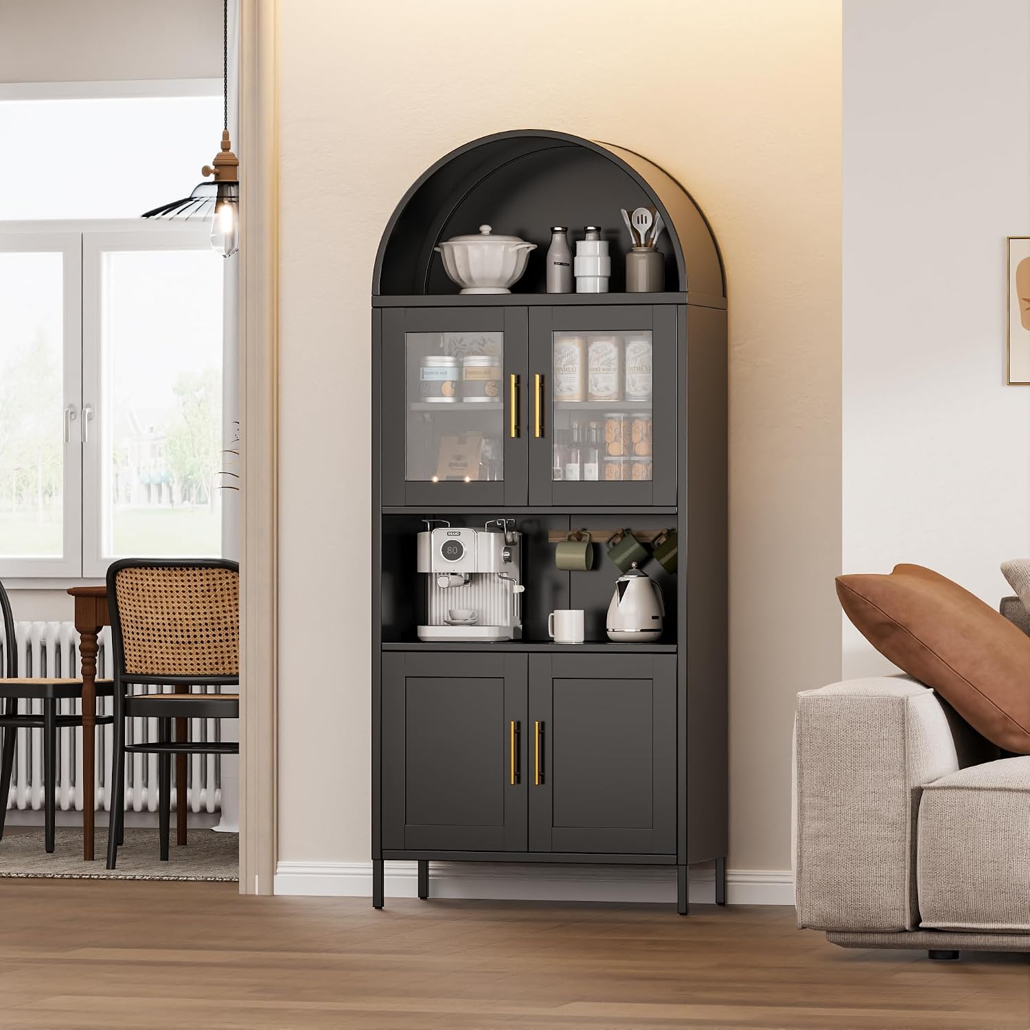 VEXPOR 73' Tall Arched Kitchen Pantry Cabinet with Doors, Metal Arched Hutch Cabinet for Kitchen, Dining Room, Living Room, Assembly Required, Black