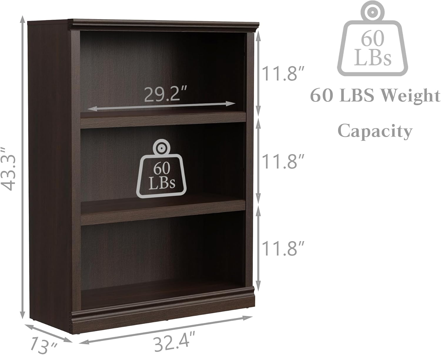 Bevfint 43 in Tall Bookcase, 3-Tier Bookshelf Open Storage, 33 inch Wide Floor Standing Indoor Furniture, Book Cases for Home School Library Office Bedroom Kids, Dark Cherry 3 Tiers