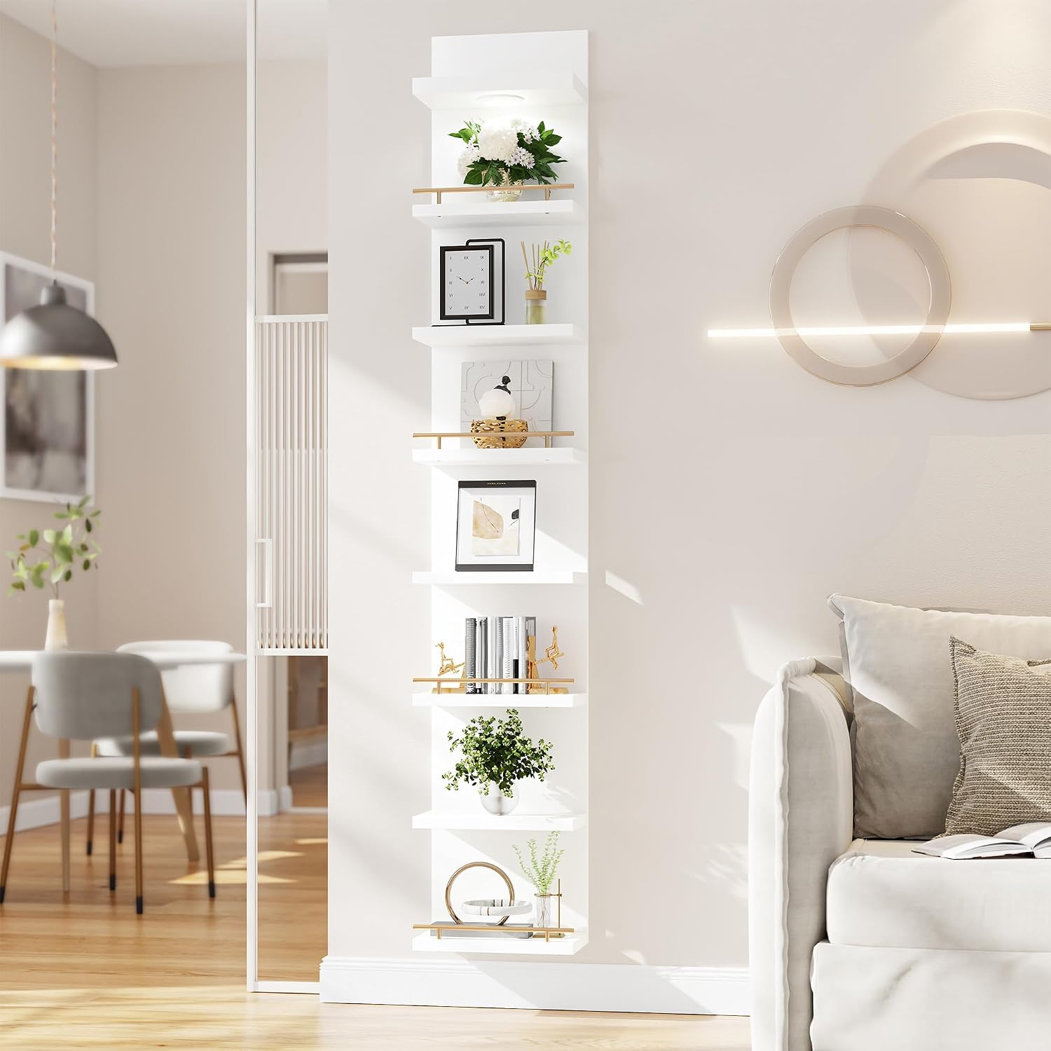 REIBII 8 Tier Wall Shelf Unit, 2-Pack White Floating Shelves with LED Light, Multi-Functional Versatile Shelves for Dressing Room Bedroom Living Room Office