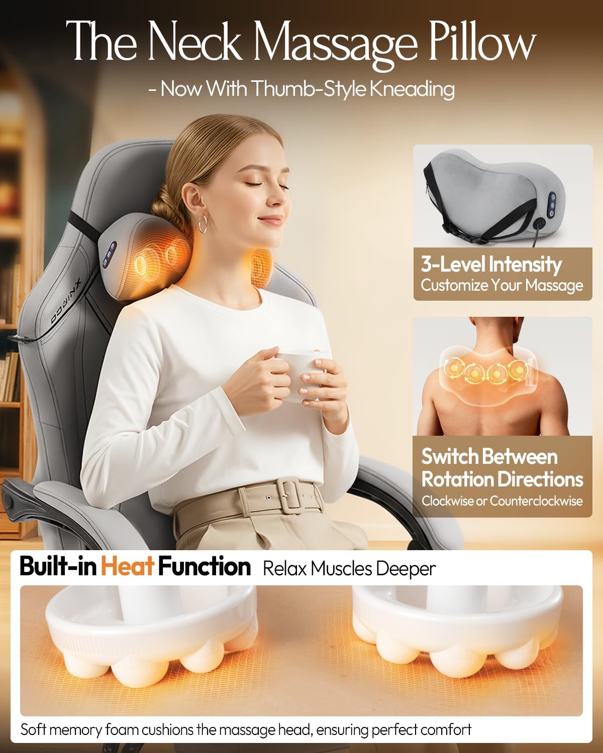 Dowinx Gaming Video Gaming Chair with Shiatsu Neck Massage and Lumbar Support for Home Office High Back Recliner Height Adjustable Ergonomic Comfy Leather Computer Desk Chair (Grey)