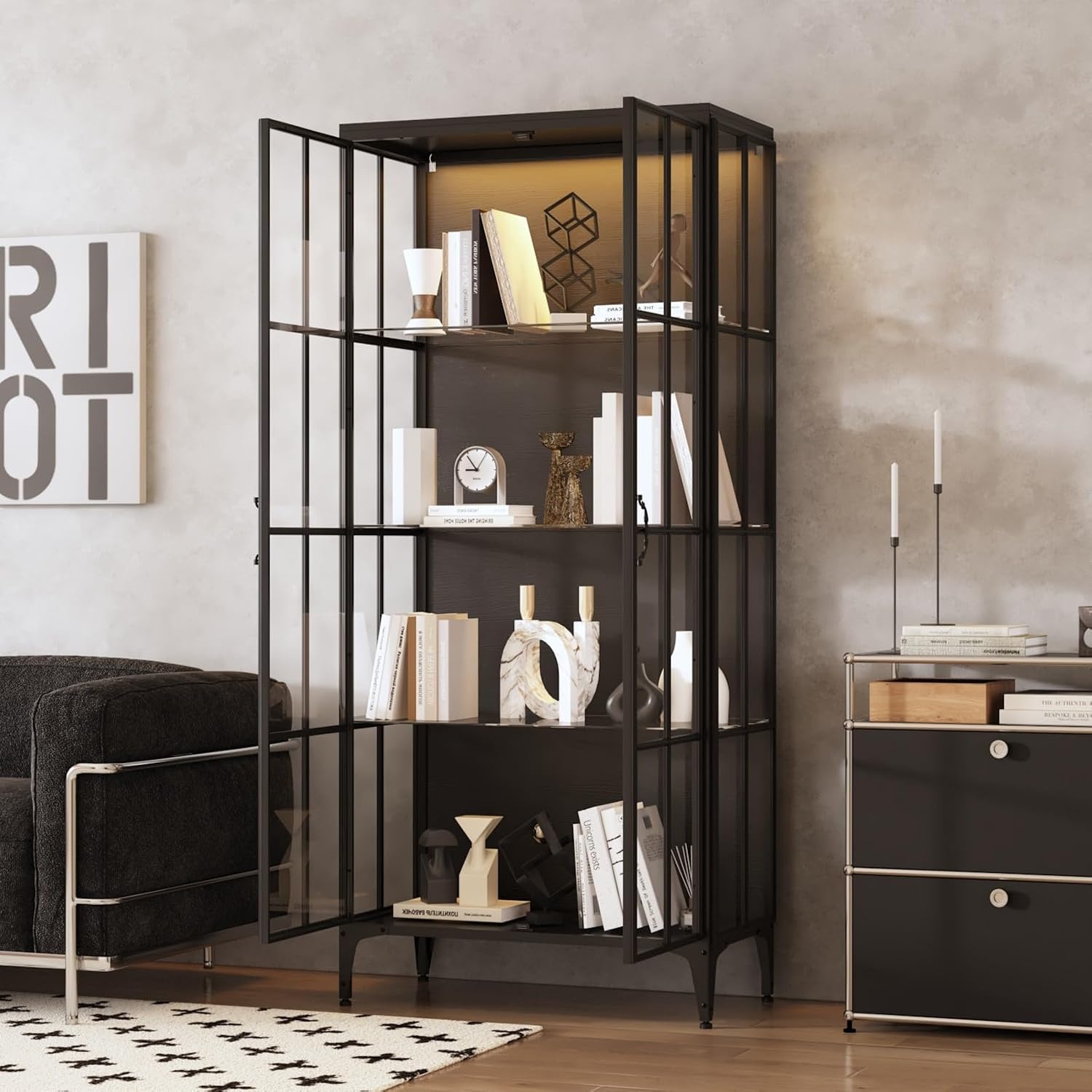Display Cabinet with Glass Doors & LED Lights, Storage Cabinet with 4 Tier Glass Shelves & Metal Frame, Black, 31.5'W x 15.7'D x 70.9'H