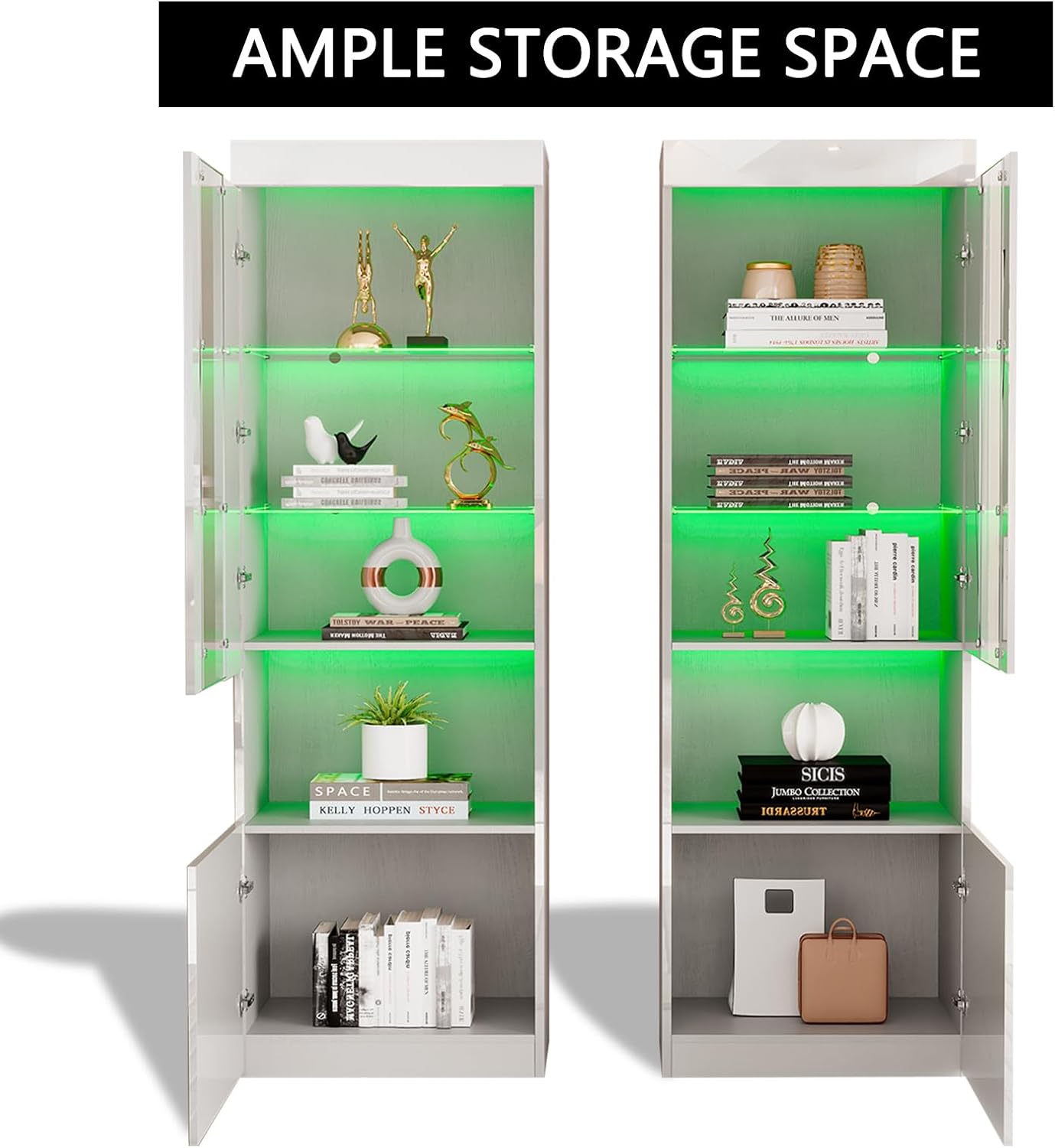 AMERLIFE 2 Piece 71in Tall Bookcase Storage Cabinet with Glass Doors, Modern High Gloss LED Bookshelf Display with 5 Tiers for Storage & Adjustable Glass Shelves for Living Room, Office, White