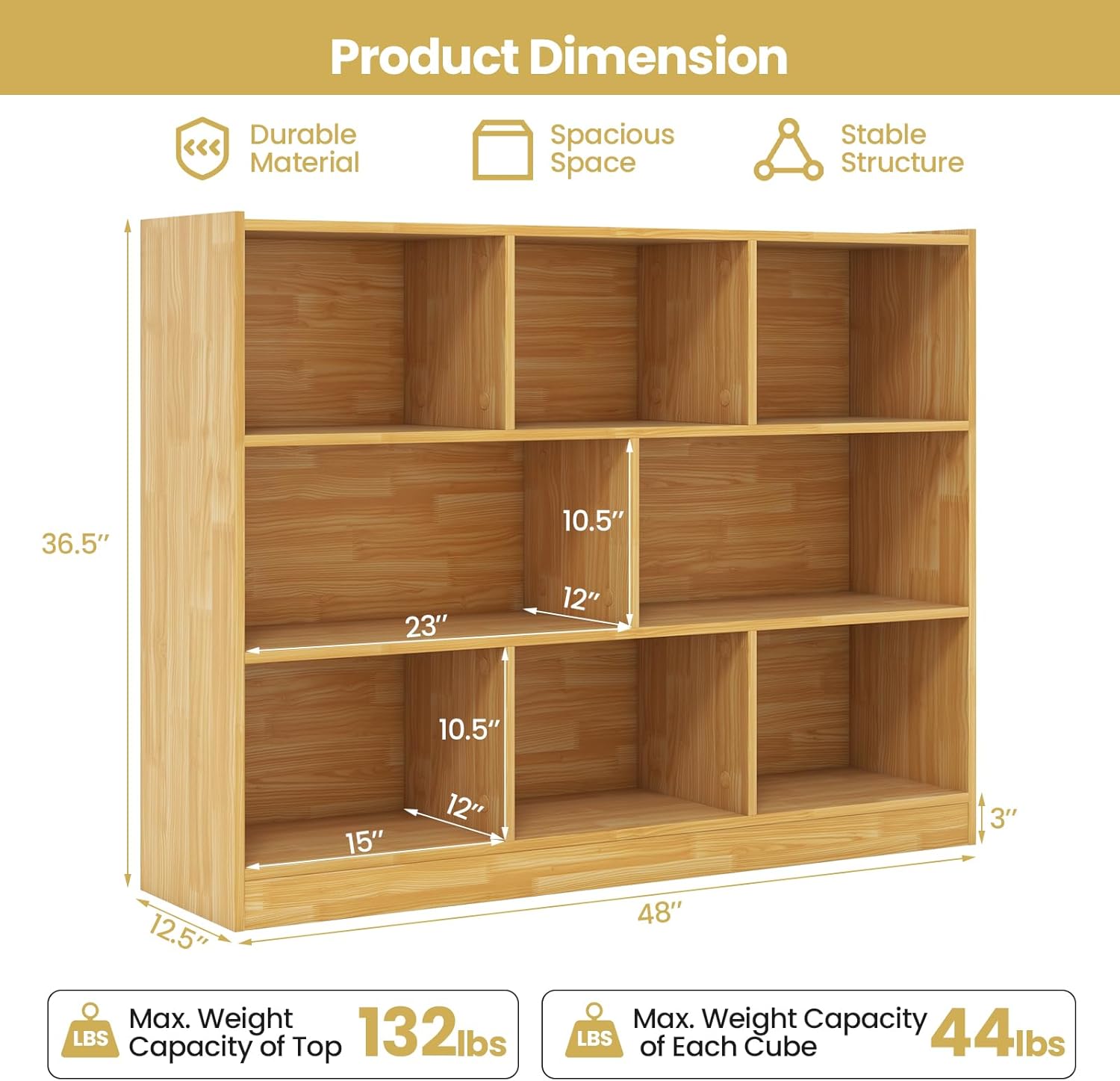 Tangkula 8-Cube Bookcase, Wood 3 Tier Open Storage Bookshelf, Modern Multipurpose Display Cabinet for Living Room, Study, Reading Nook, 48 x 12.5 x 36.5 Inch, Burlywood