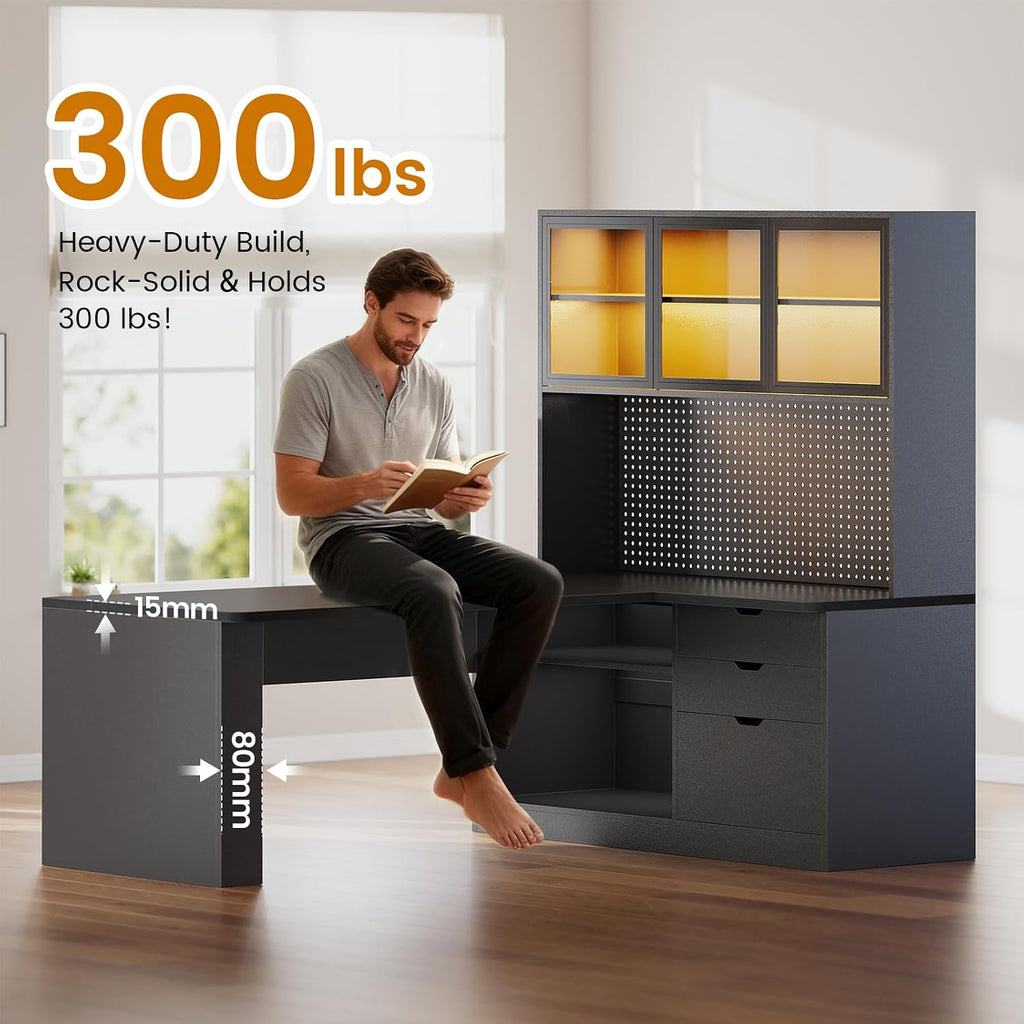 SEDETA L Shaped Computer Desk, L Shaped Corner Gaming Desk with 3 Wood Drawer and Large Bookshelf, Home Office Desk with LED Light, Display Cabinet and Pegboard, 27.5' W Large Desktop Table, Black