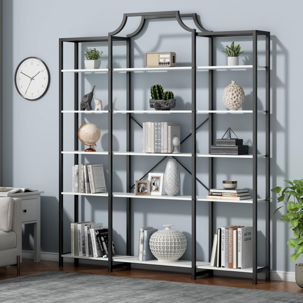 Auromie Triple Wide 5-Tier Bookshelf, 70.87' L x 79.13' H Extra Large Bookcase, Tall Open Etagere Display Shelf with Metal Frame, Freestanding Modern Storage Shelves for Home Office, Black&White