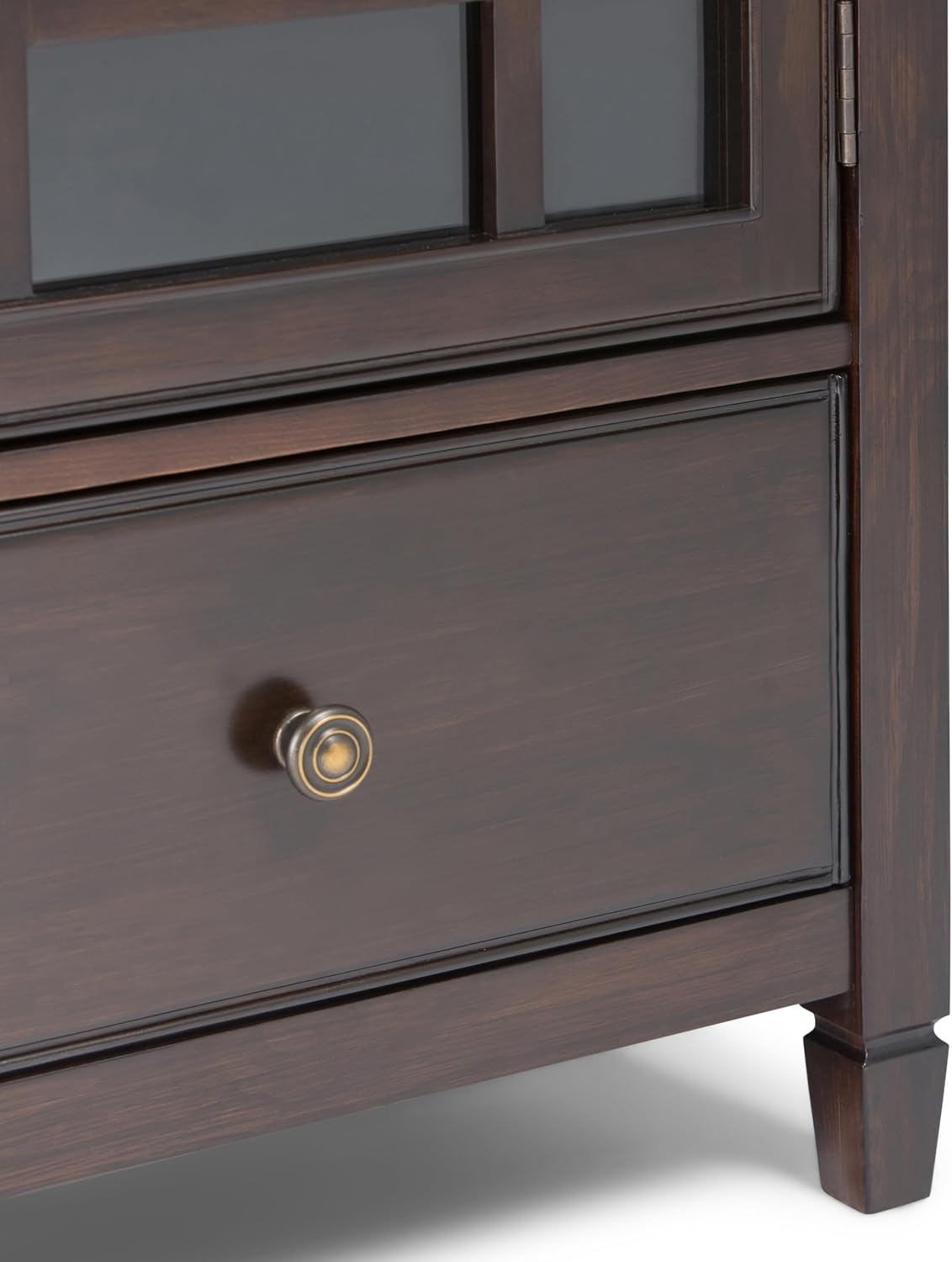 SIMPLIHOME Connaught Storage Cabinet - 46 inch Wide Solid Wood Tall Cabinet in Dark Chestnut Brown, Traditional Console for Living Room or Dining Room with Glass Doors, Adjustable Shelves, and Drawers