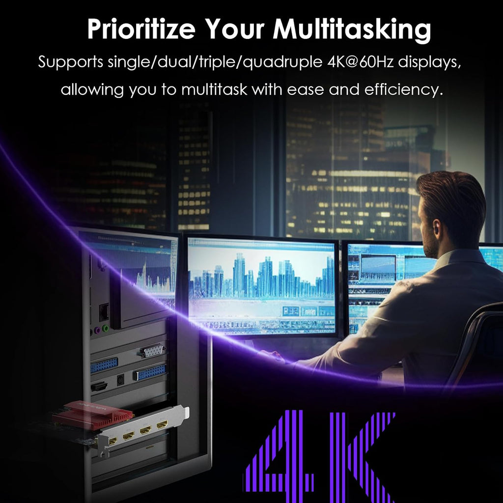 WAVLINK 4K PCIE 4 HDMI Monitors Card, PCIE to HDMI Adapter Supports Extend 4 Monitors Output for Windows 11/10 & Ubuntu with DisplayLink DL7400(Non-Gaming GPU)