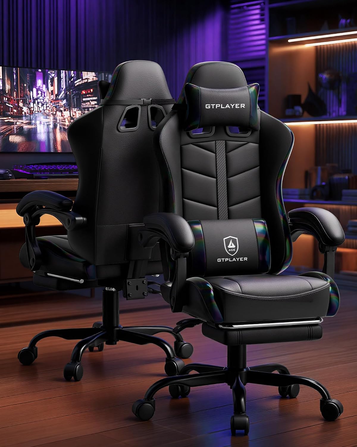 GTPLAYER Gaming Chair for Adults, Ergonomic Computer Gaming Chair with Footrest, Height Adjustable, 90-155° Recline & Removable Headrest Lumbar Support, Colorful Black
