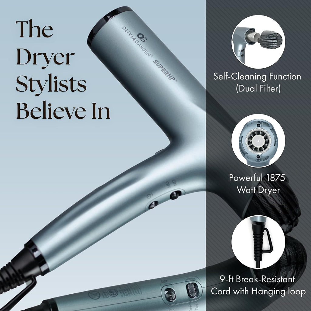 Olivia Garden 1875W SuperHP Professional Hair Dryer for All Hair Types - Quiet, Fast Drying Blow Dryer - Powerful Ionic Generator - 5 Attachments, Including 2 Comb and 1 Diffuser Attachments