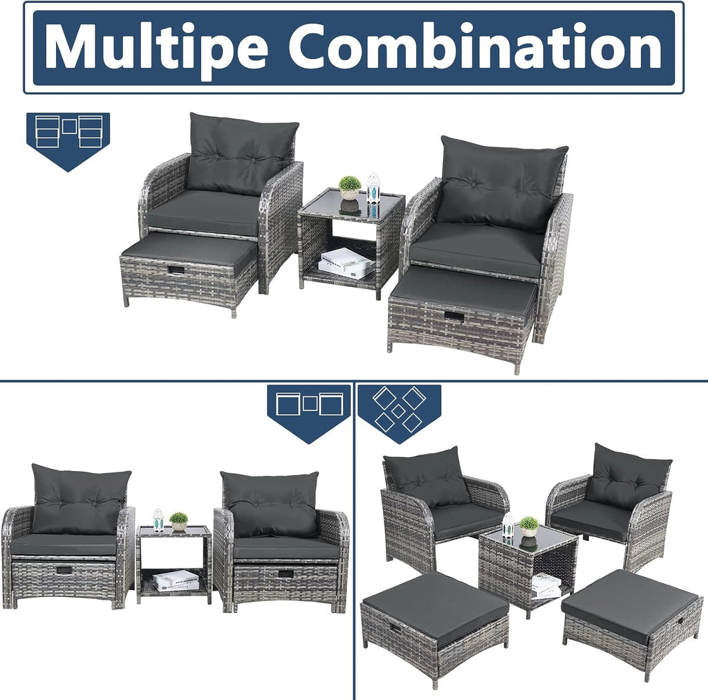 5 Pieces Wicker Outdoor Patio Chairs with Ottomans, All Weather PE Rattan Outdoor Conversation Set Bistro Patio Furniture Set with Hidden Ottoman for Porch Backyard Balcony, Grey