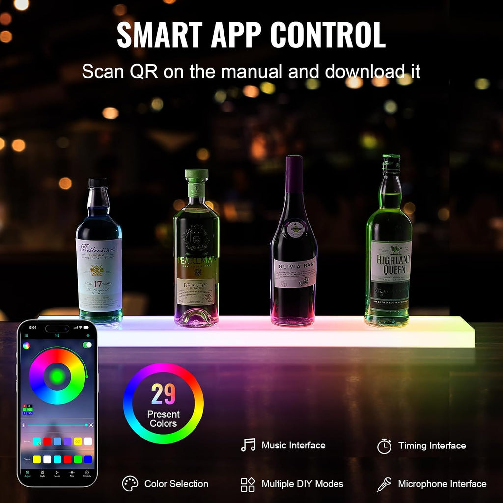 VEVOR LED Lighted Liquor Bottle Display, 1 Tier 30 Inch Wall Mounted Whiskey Rack Stand, 1 Step Commercial Illuminated Home Bar Shelf, Acrylic Drinks Light Shelves with RF Remote & App Control