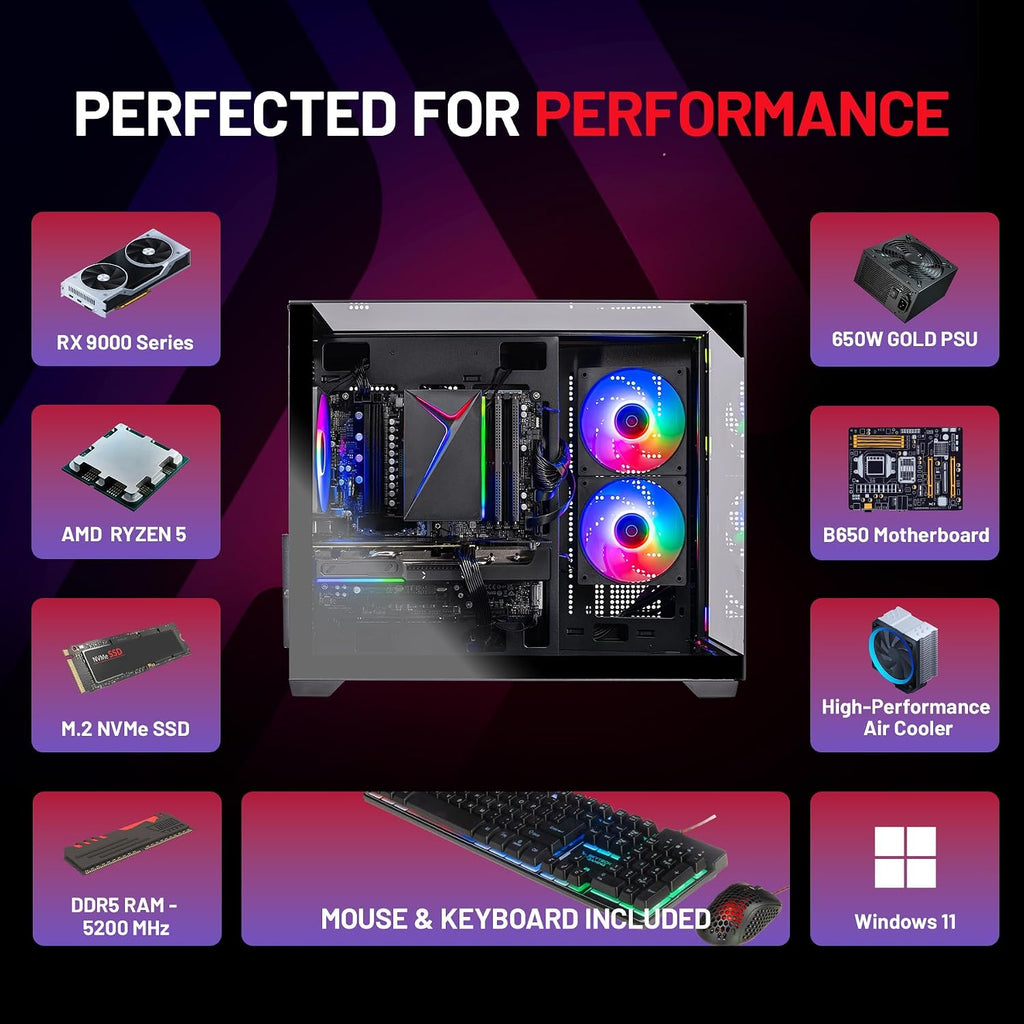 Skytech Gaming Crystal Gaming PC, AMD Ryzen 5 8400F 4.2GHz, AMD RX 9060 8GB VRAM, 1TB NVMe SSD, 16GB DDR5 RAM 5200, 650W Gold PSU, WI-FI 5, Windows 11, Desktop