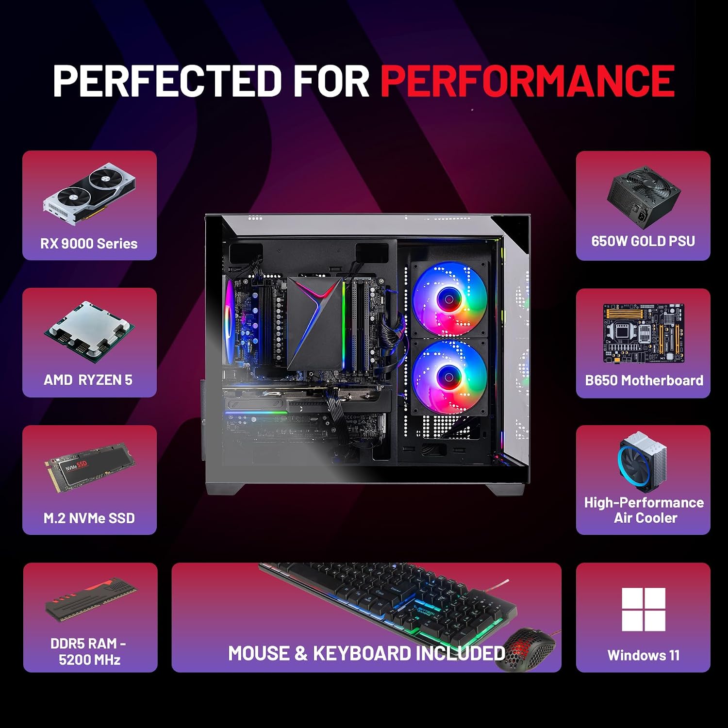 Skytech Gaming Crystal Gaming PC, AMD Ryzen 5 8400F 4.2GHz, AMD RX 9060 8GB VRAM, 1TB NVMe SSD, 16GB DDR5 RAM 5200, 650W Gold PSU, WI-FI 5, Windows 11, Desktop
