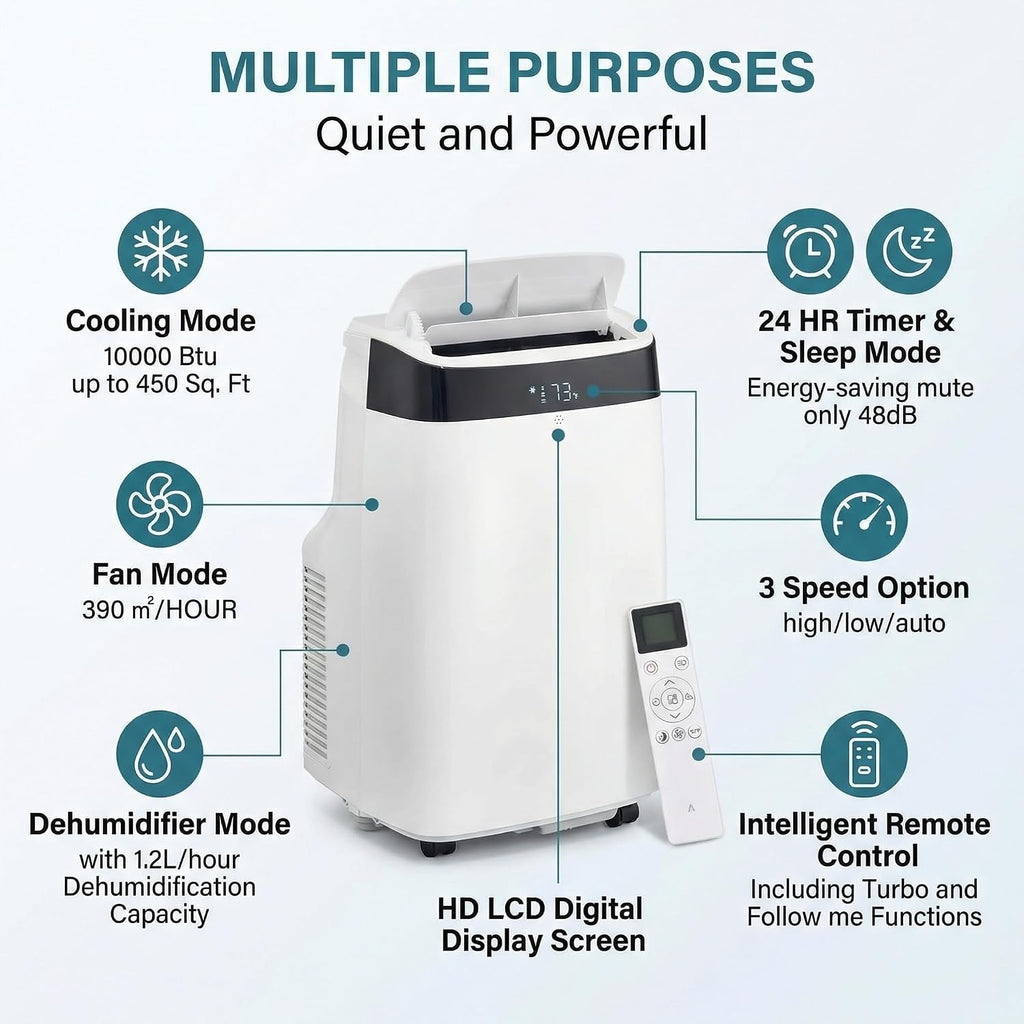 10,000 BTU Portable Air Conditioners, 3-in-1 Portable AC with Cool, Dry, Fan and Sleep Modes, Room Air Conditioners with 24H Timer, Self-Evaporation, Low Noise 48 dB, for Bedroom, Office