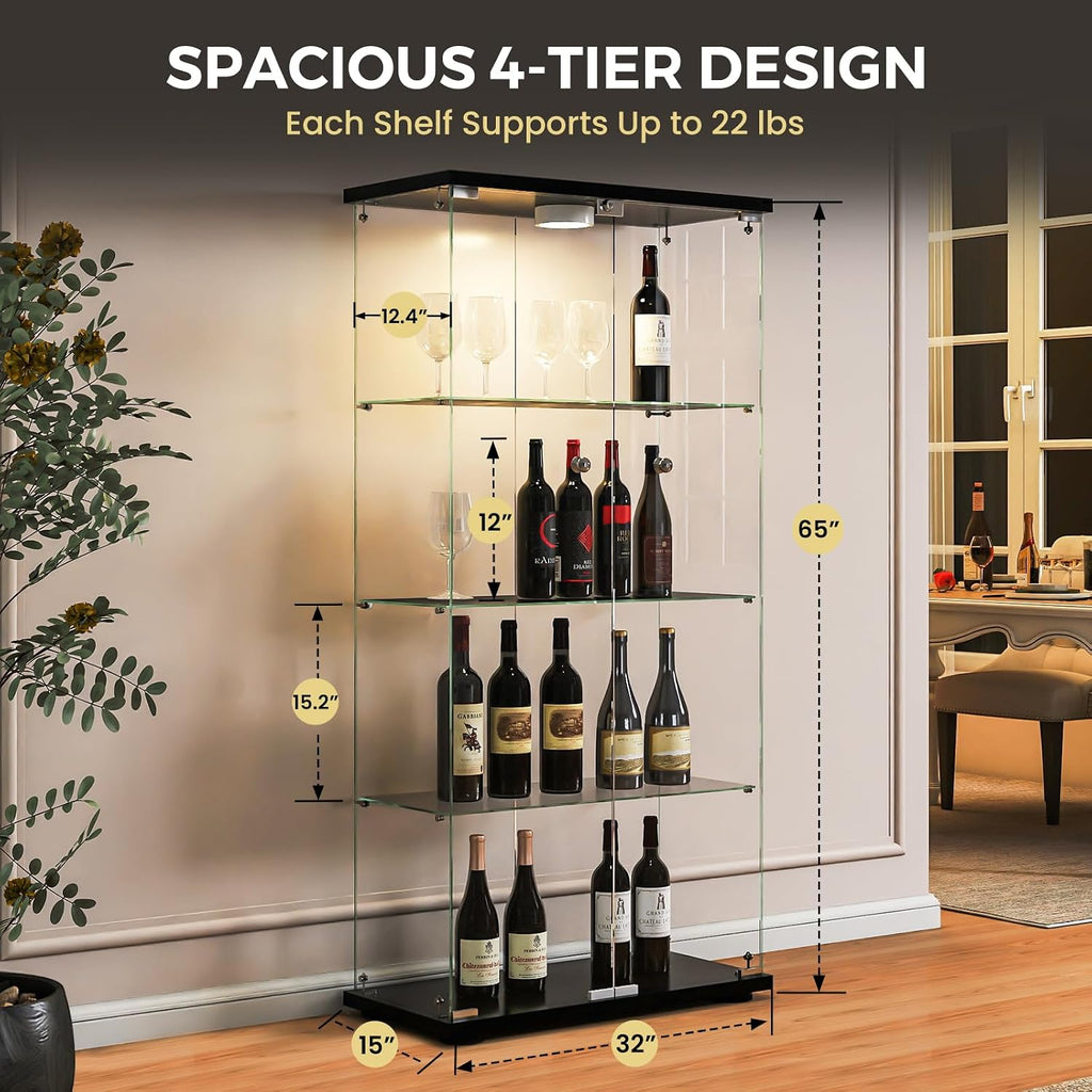 Glass Display Cabinet with LED Lights and Lock, 4-Shelf Tempered Glass Curio Cabinet with 2 Doors, Collectible Display Showcase for Living Room, Bedroom – Black