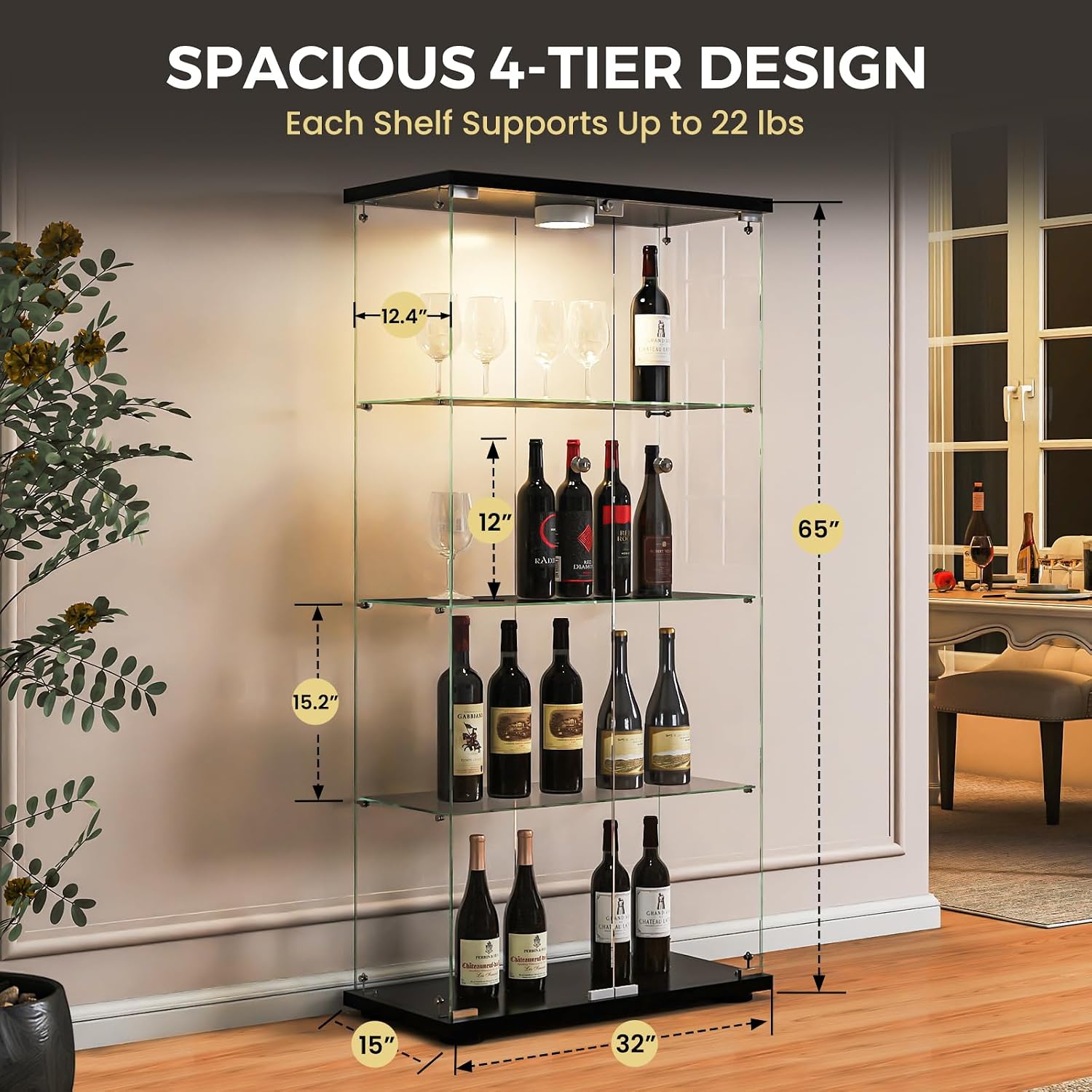 Glass Display Cabinet with LED Lights and Lock, 4-Shelf Tempered Glass Curio Cabinet with 2 Doors, Collectible Display Showcase for Living Room, Bedroom – Black