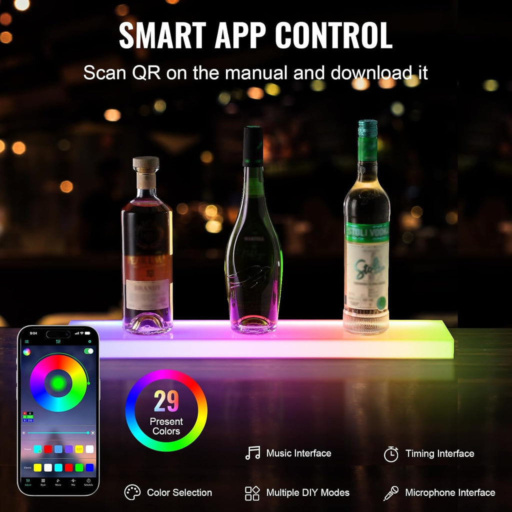 VEVOR LED Lighted Liquor Bottle Display, 1 Tier 24 Inch Wall Mounted Whiskey Rack Stand, 1 Step Commercial Illuminated Home Bar Shelf, Acrylic Drinks Light Shelves with RF Remote & App Control