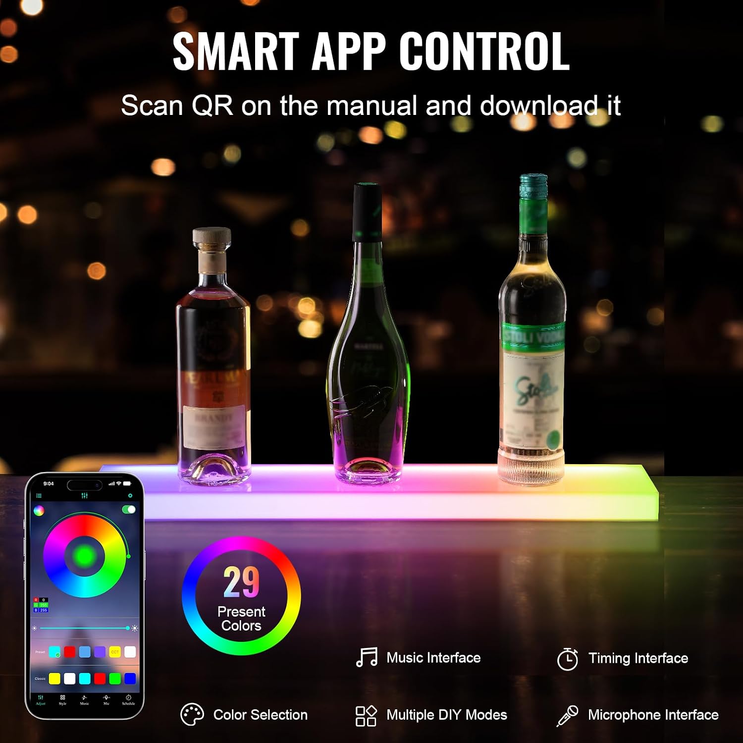 VEVOR LED Lighted Liquor Bottle Display, 1 Tier 24 Inch Wall Mounted Whiskey Rack Stand, 1 Step Commercial Illuminated Home Bar Shelf, Acrylic Drinks Light Shelves with RF Remote & App Control