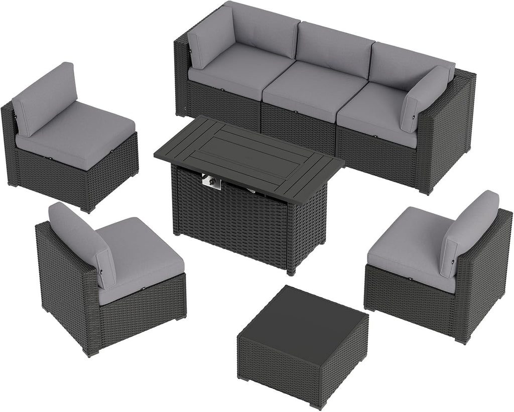 Aoxun 8 Piece Patio Furniture Set with 44' Fire Pit Table Wicker Rattan Sectional Sofa Outdoor Seating with Thickened Cushion, Grey