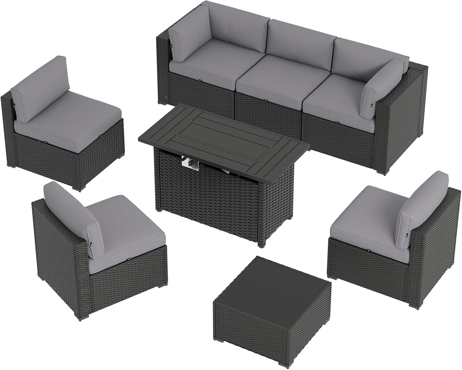 Aoxun 8 Piece Patio Furniture Set with 44' Fire Pit Table Wicker Rattan Sectional Sofa Outdoor Seating with Thickened Cushion, Grey
