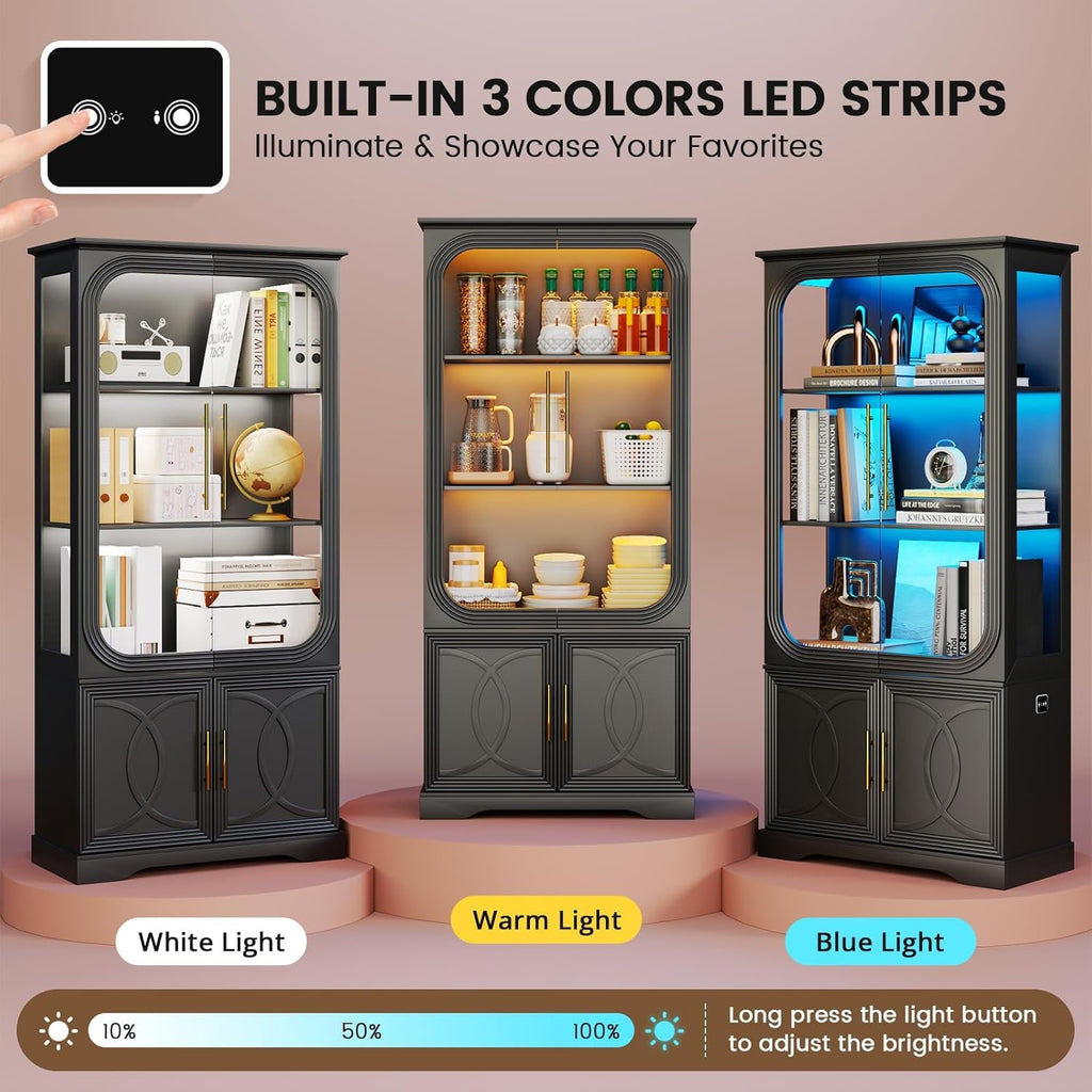 Lareth Display Curio Cabinet with Glass Doors, 69 in Tall Bookcase with LED Lights, Storage Cabinet|Kitchen Pantry Cabinet, 5 Tier Glass Display Case for Living Room, Home Office, Black