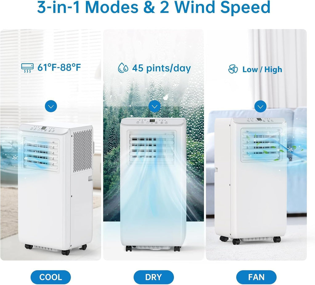 8000BTU Portable Air Conditioner, 3-In-1 Air Conditioner with Remote Control, Cooling, Dehumidifier and Fan, Cooling Area Up to 350 Sq. Ft. for Home, Office, Bedroom, White