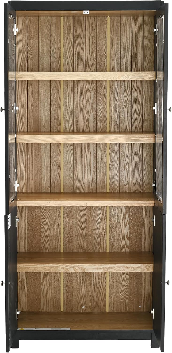 Merax 74.5''H Ash Wood Grain Display Cabinet Bookcase with Storage,Pantry with Glass Doors & Adjustable Shelves,Bookshelf Curio Cabinet for Hallways,Livingroom Kitchen & Office,Black