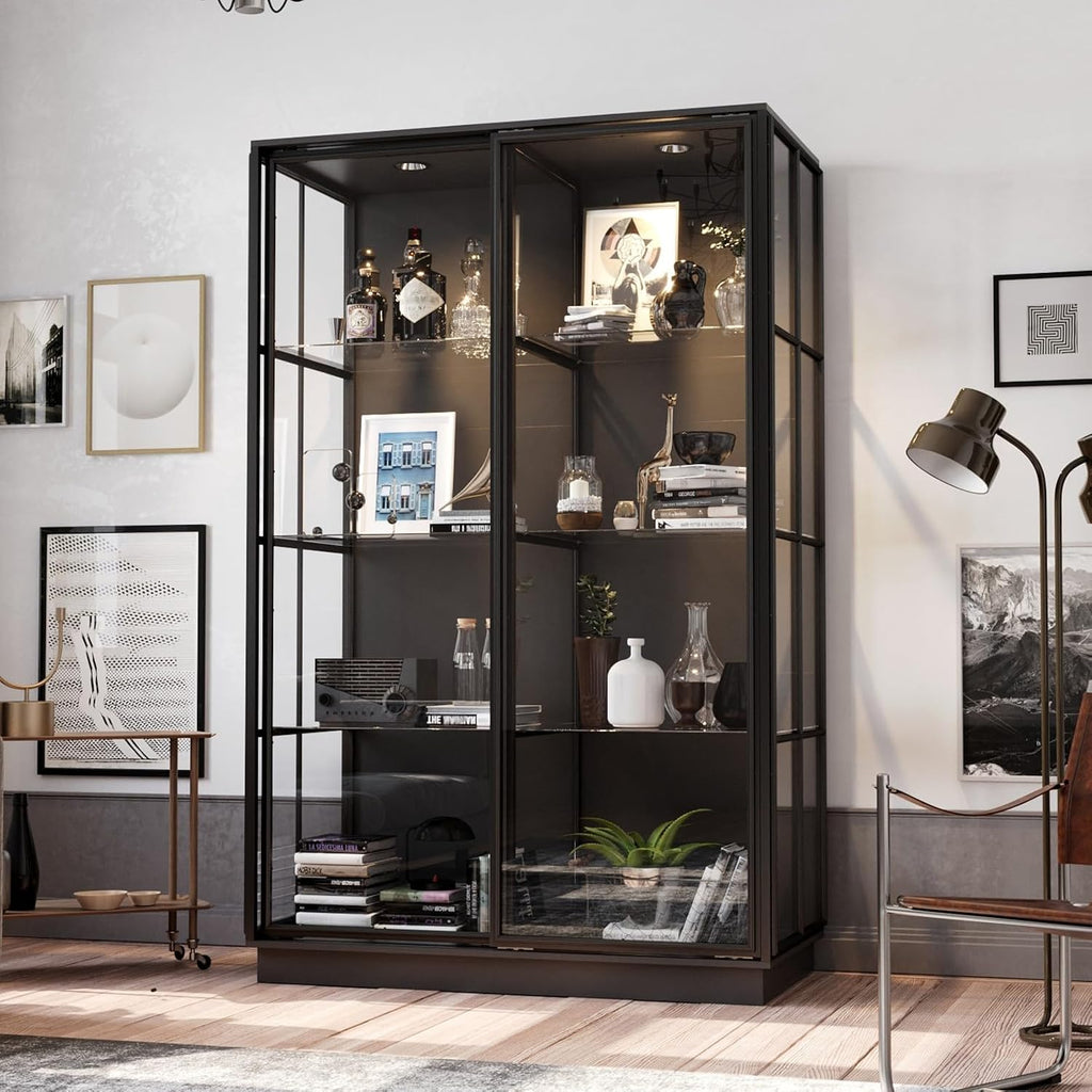Large Display Cabinet with Glass Shelving & Sliding Doors, Trophy Case Glass Cabinet with Spotlights Black 48.1'W x 23.6'D x 74.8'H