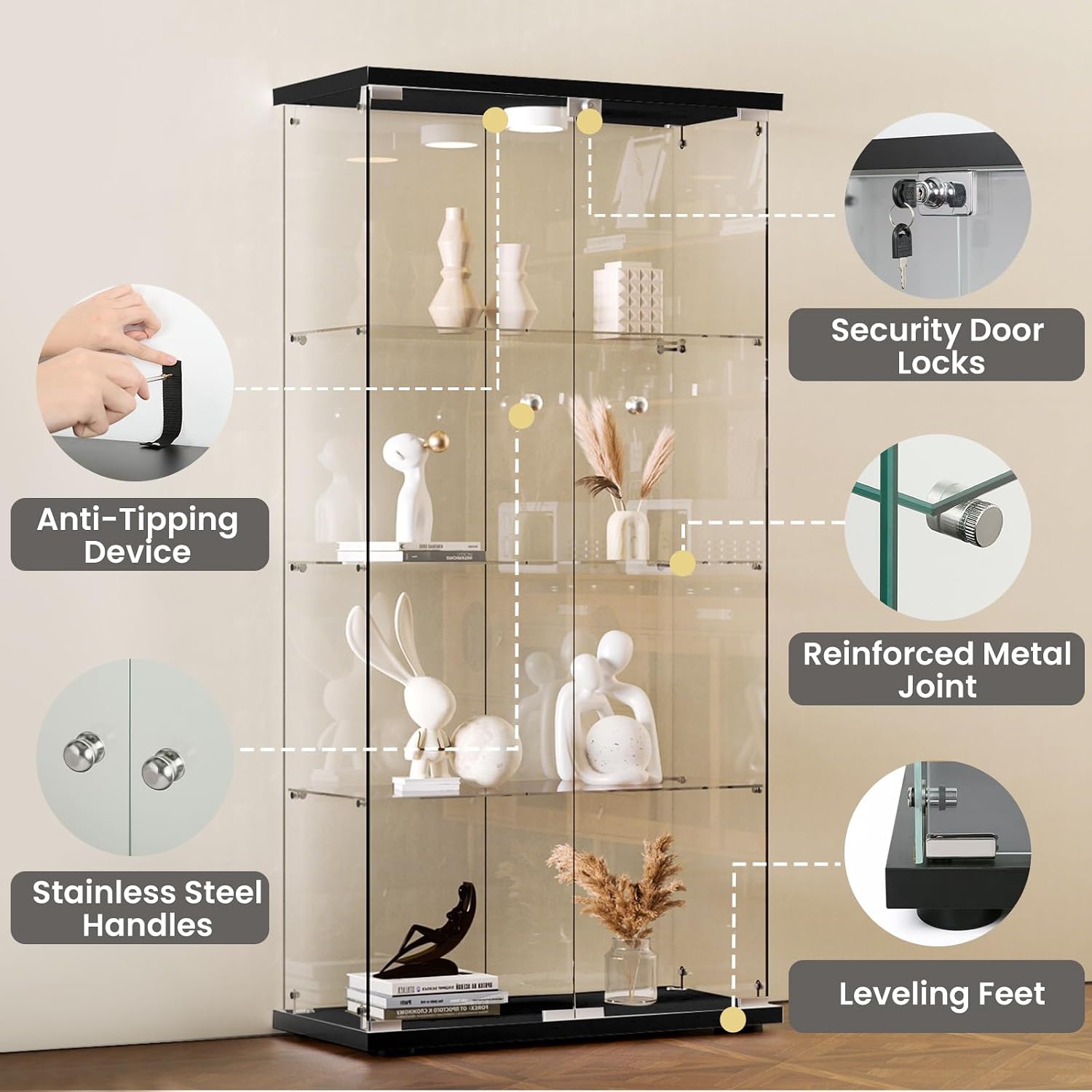 Glass Display Cabinet with LED Lights and Lock, 4-Shelf Tempered Glass Curio Cabinet with 2 Doors, Collectible Display Showcase for Living Room, Bedroom – Black