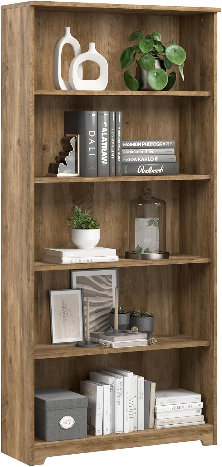 Bush Home Tall 5 Shelf Bookcase, Large Open Bookshelf, Sturdy Display Cabinet for Living Room or Home Office, Cabot Collection, Reclaimed Pine