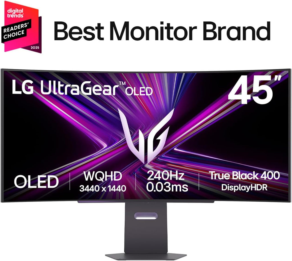 LG 45GX950A-B 45-inch Ultragear 5K2K WUHD (5120 x 2160) OLED Curved Gaming Monitor, Dual-Mode, 165Hz, 0.03ms, NVIDIA G-Sync, AMD FreeSync Premium Pro, HDR True Black 400, USB Type-C 90W, DP2.1