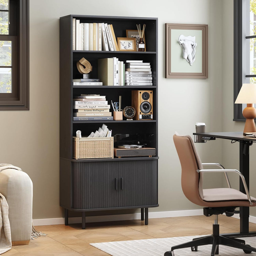 ONBRILL 71' Tall Bookshelf, 4-Tier Bookcase with Storage Cabinet & Adjustable Shelves, Floor Standing Wooden Bookshelf with Sliding Door and Adjustable Footpad, for Home Office, Living Room, Black