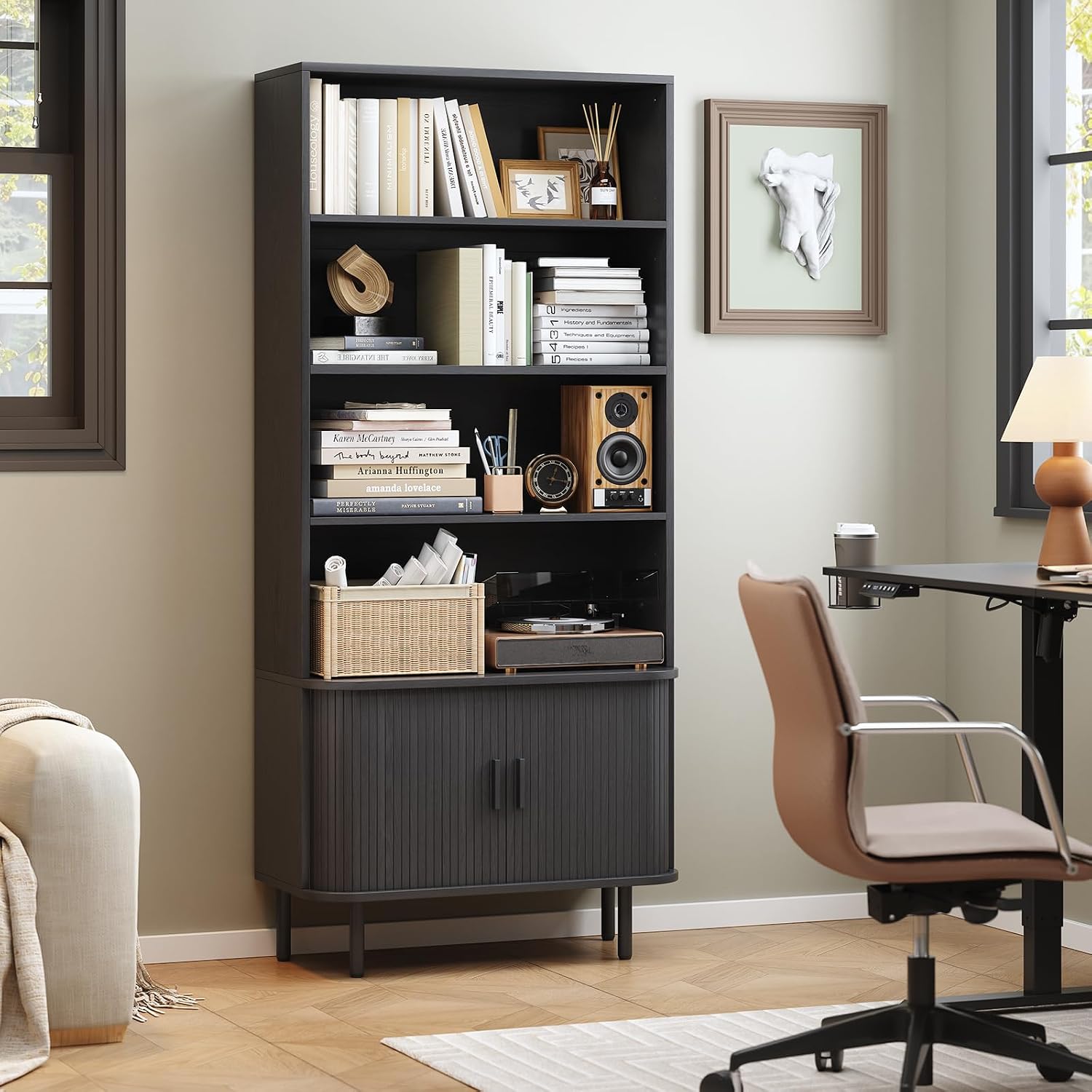 ONBRILL 71' Tall Bookshelf, 4-Tier Bookcase with Storage Cabinet & Adjustable Shelves, Floor Standing Wooden Bookshelf with Sliding Door and Adjustable Footpad, for Home Office, Living Room, Black