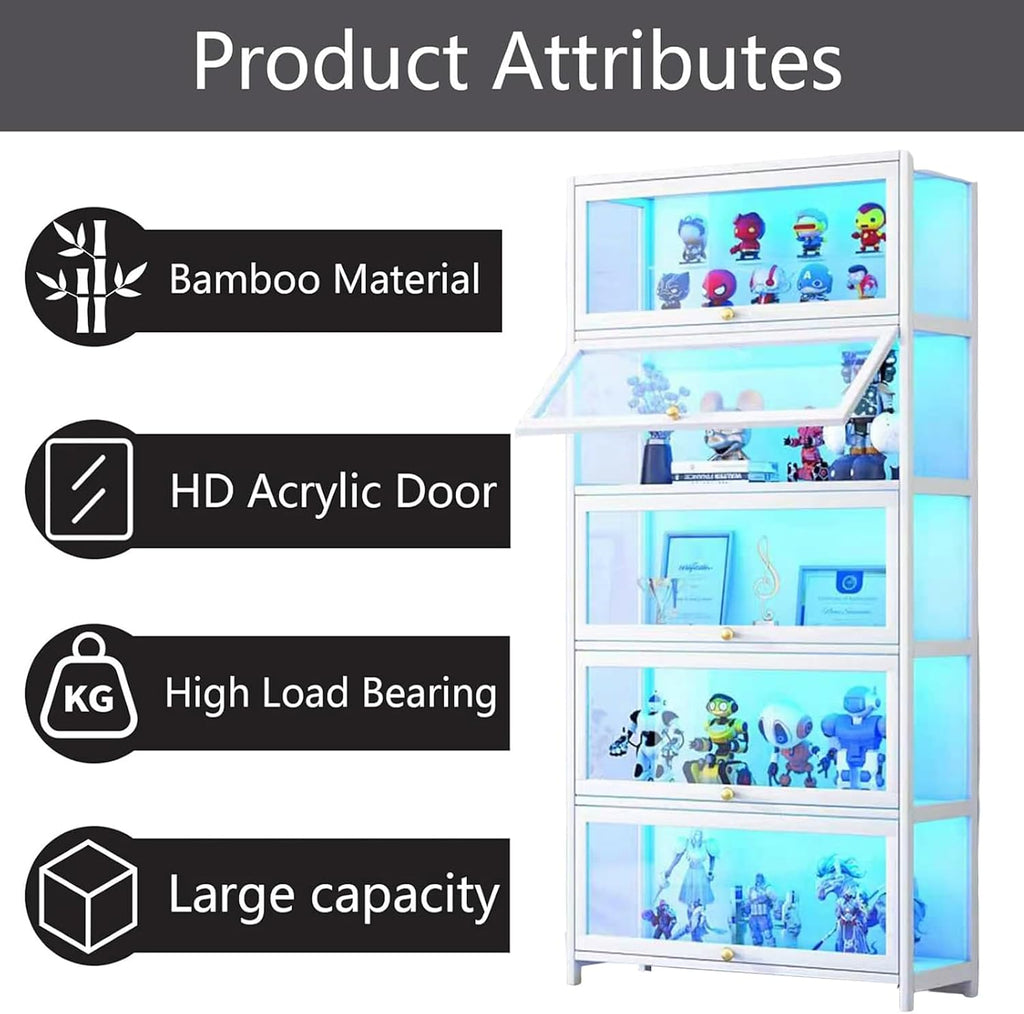 Display Cabinet with Acrylic Glass Doors, 5-Tier Curio Cabinet, Collectibles Toy Organizers Rack & Display Shelf, High Display Case for Home, Office, Playroom, Living Room