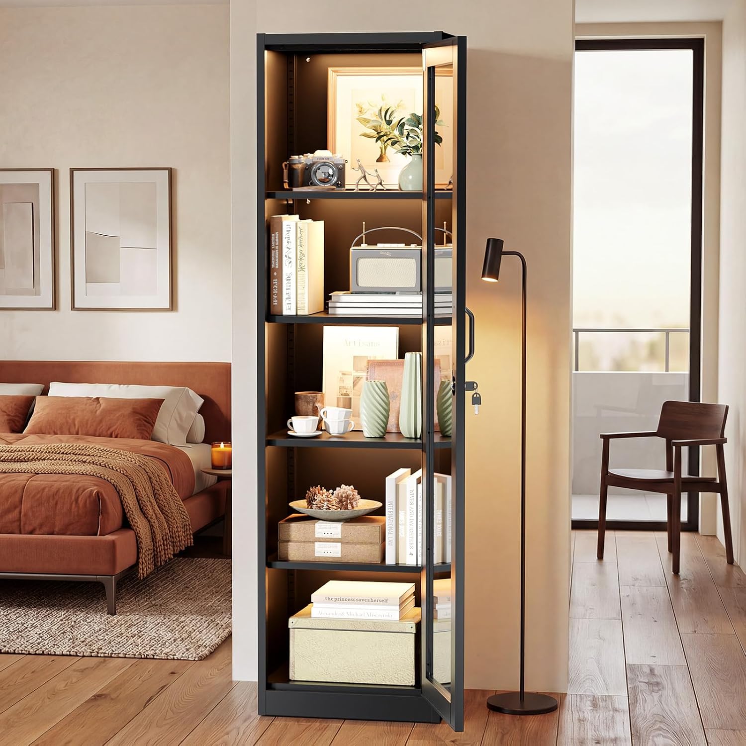 VINGLI Lockable Display Cabinet with Glass Door & 4 Adjustable Shelves, 65' Tall Metal Storage Cabinet Curio Liquor, Bookshelf Bookcase for Home Office Living Room Pantry Garage (Black)