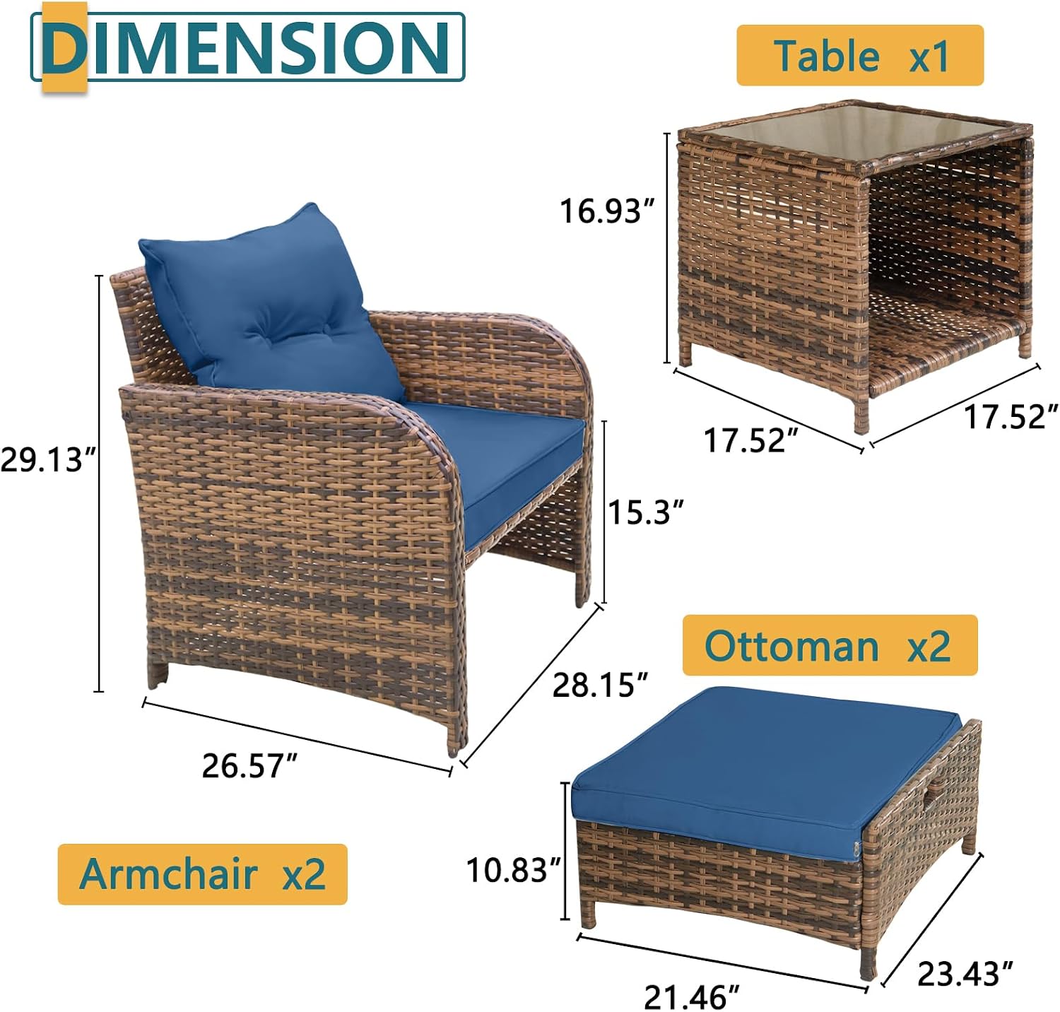5 Pieces PE Wicker Patio Chairs with Ottomans, Outdoor Balcony Chairs with Ottomans, 5 PCS Outdoor Patio Furniture Set with Ottoman for Porch Sunroom Poolside, Blue Cushion