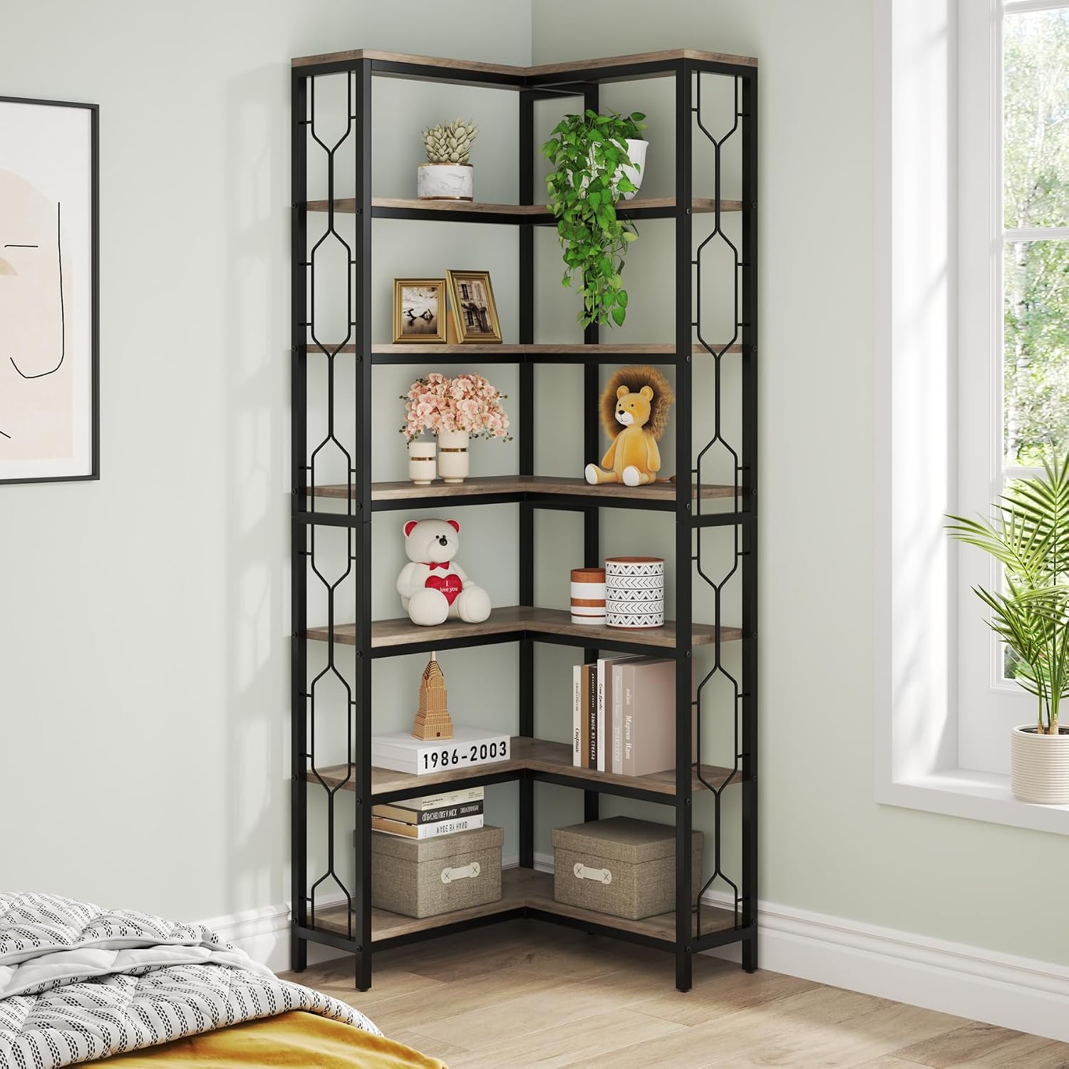 Tribesigns Corner Shelf, 7-Tier Industrial Corner Bookshelf, Wood and Metal Corner Etagere Bookcase, Freestanding Display Shelf for Living Room, Kitchen, Home Office, Gray