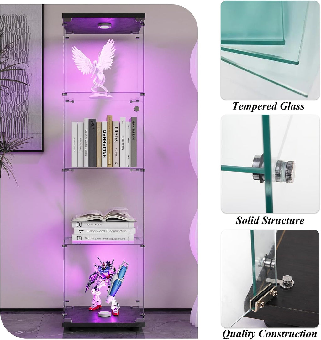 Glass Display Cabinet 4-Shelf with LED Lights and Lock,Curio Cabinets Upgraded Quick-Install Storage Cabinet,Glass Floor Standing Bookshelf for Bedroom,Living Room(Black)