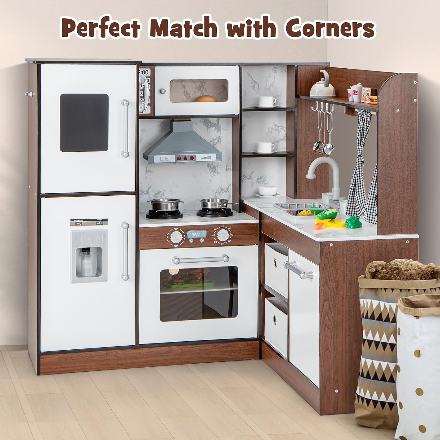 INFANS Kids Kitchen Playset with Real Running Water, Ultimate Wooden Corner Pretend Cooking Set with Simulation Light Sound Stove Storage Cabinet, Play Toy Gift