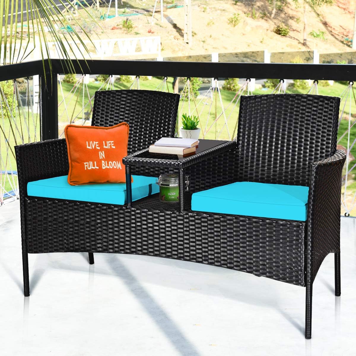 Tangkula Wicker Patio Conversation Furniture Set, Outdoor Furniture Set with Removable Cushions & Table, Tempered Glass Top, Modern Rattan Bench for Garden Lawn Backyard