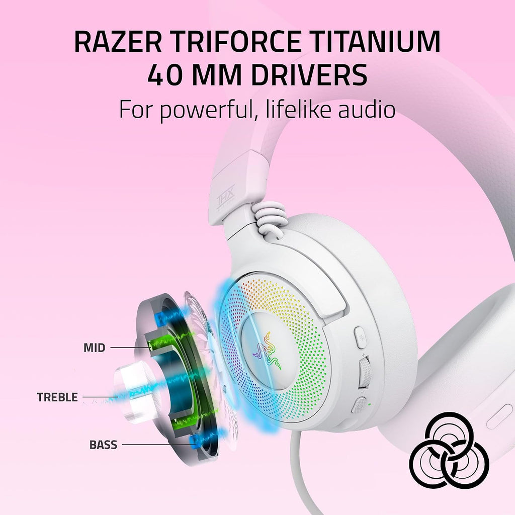 Razer Kraken Kitty V3 Pro Wireless RGB Gaming Headset: Chroma RGB Kitty Ears - 2.4 GHz, Bluetooth 5.3, USB A - Super Wideband Mic - 40mm Drivers - THX Spatial Audio - Comfortable Ear Cushions - White