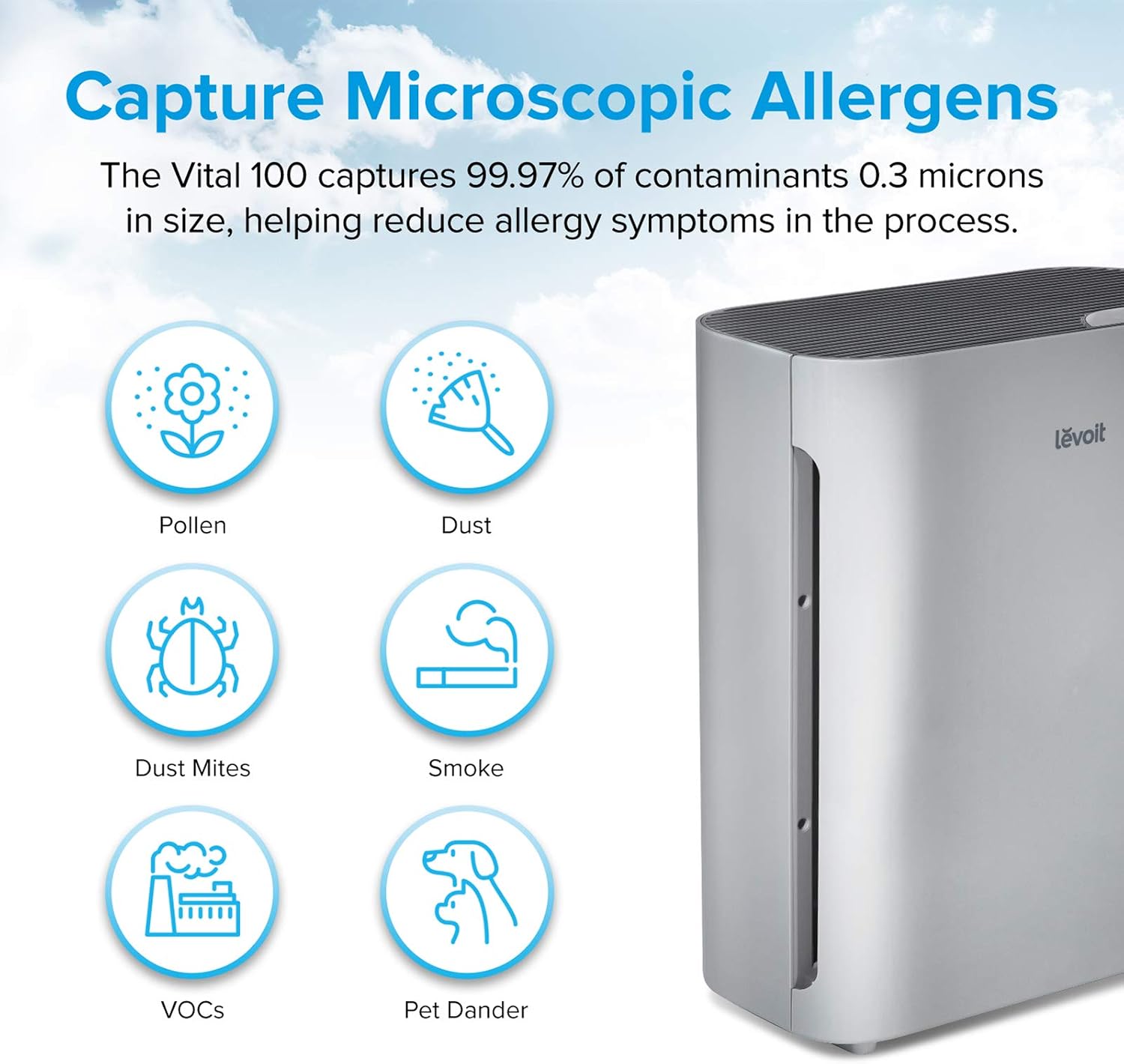 LEVOIT Air Purifiers for Home Large Room, Main Filter Cleaner with Washable Filter for Allergies, Smoke, Dust, Pollen, Quiet Odor Eliminators for Bedroom, Pet Hair Remover, Vital 100, Grey