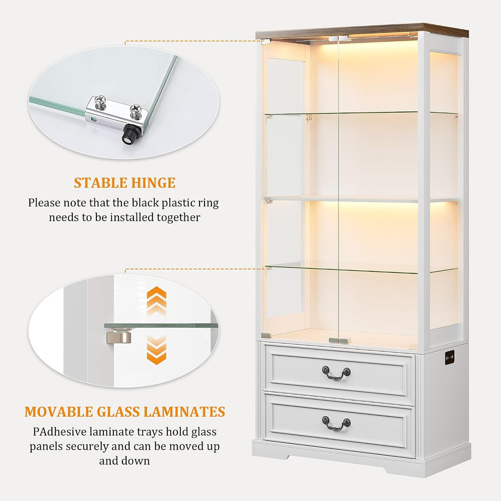 FREDEES Display Cabinet with Glass Doors,67' Adjustable Display Shelf with 2 Drawers and 4 Tier Curio Cabinet,Tall Bookcase with 3 Color Lights and Human Body Sensor for Toys,Books（White）