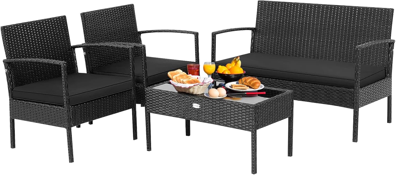 Tangkula 4 Piece Patio Rattan Conversation Set, Outdoor Wicker Furniture Set W/Glass Coffee Table, Solid Steel Structure, Ergonomic Seat, Suitable for Garden, Courtyard, Balcony, Poolside