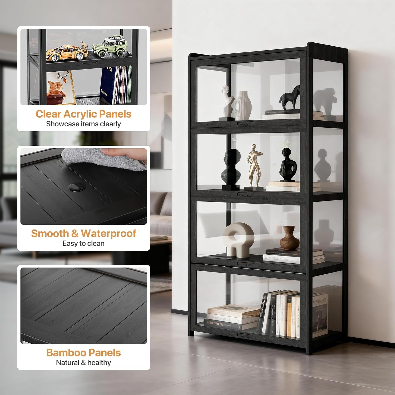 Athena Collection Curio Display Cabinet, 4-Tier Acrylic Display Case 55' Tall Display Cabinet for Collectibles Figures Trophy for Living Room Office and Bedroom- Black