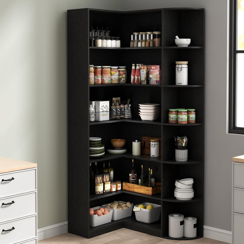 Loomie Black Book Shelf, 6 Tiers Shelf Large Tall Corner Etagere Bookcase with Full Baffle, L-Shaped Modern Storage Display Industrial Bookshelves for Bedroom, Home Office, Living Room & Kitchen,Black