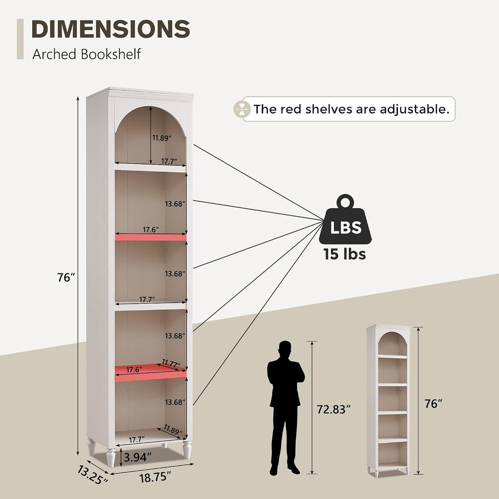 IFGET 76' Tall Arched Bookcase, Farmhouse 5 Tiers Narrow Arched Bookshelf Cabinet with Adjustable Shelves, Modern Wooden Book Shelf w/Storage and Open Display Shelves for Living Room, Office-Cream