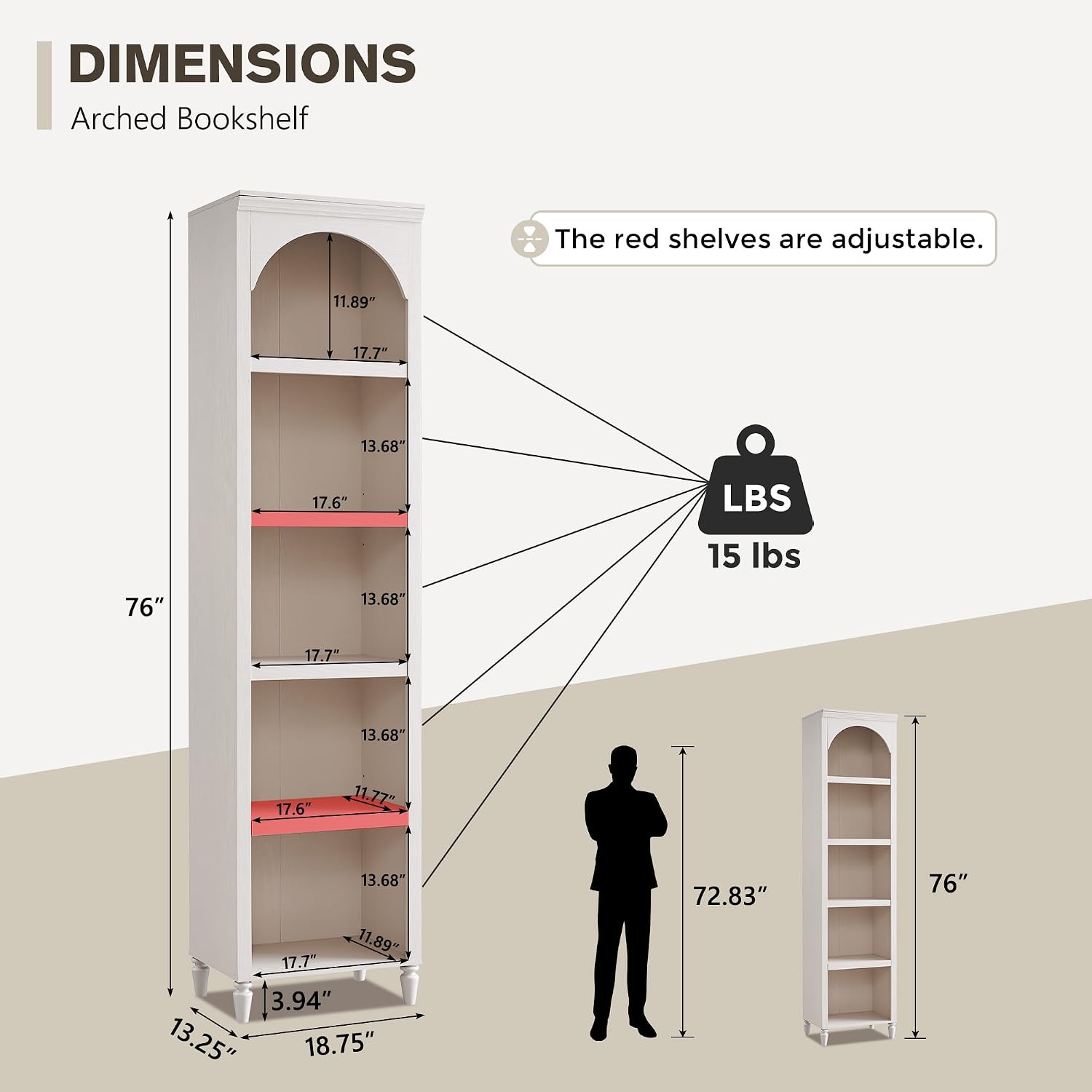 IFGET 76' Tall Arched Bookcase, Farmhouse 5 Tiers Narrow Arched Bookshelf Cabinet with Adjustable Shelves, Modern Wooden Book Shelf w/Storage and Open Display Shelves for Living Room, Office-Cream