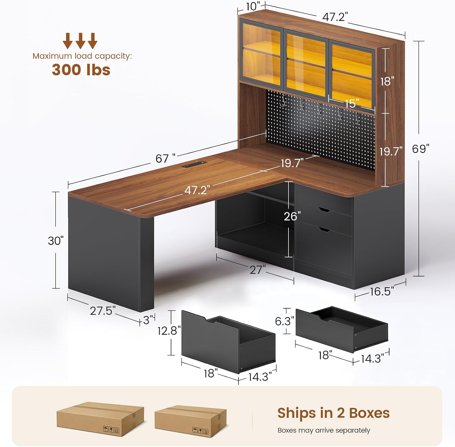 SEDETA L Shaped Office Desk, Computer Desk with 3 Wood Drawer and Large Bookshelf, L Shaped Corner Gaming Desk with LED Light, Display Cabinet and Pegboard, 27.5' W Large Desktop Table, Brown